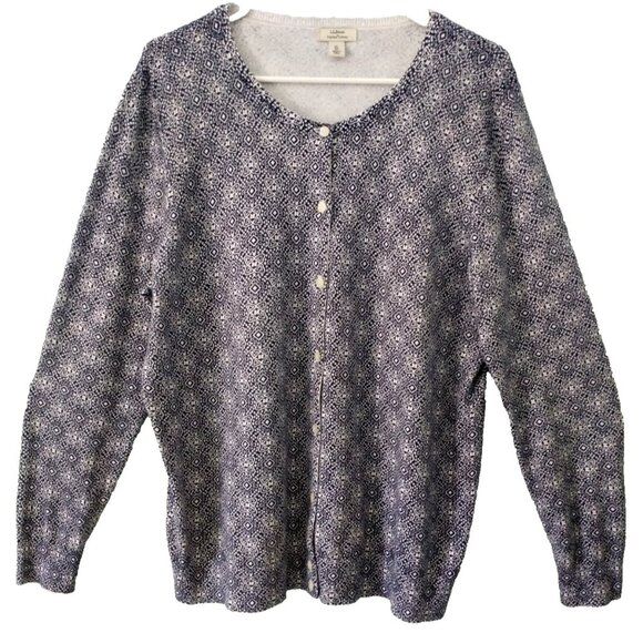 L.L. Bean Supima Cotton Cardigan Button Up Sweater Women's Blue Print  - Large - Picture 1 of 7